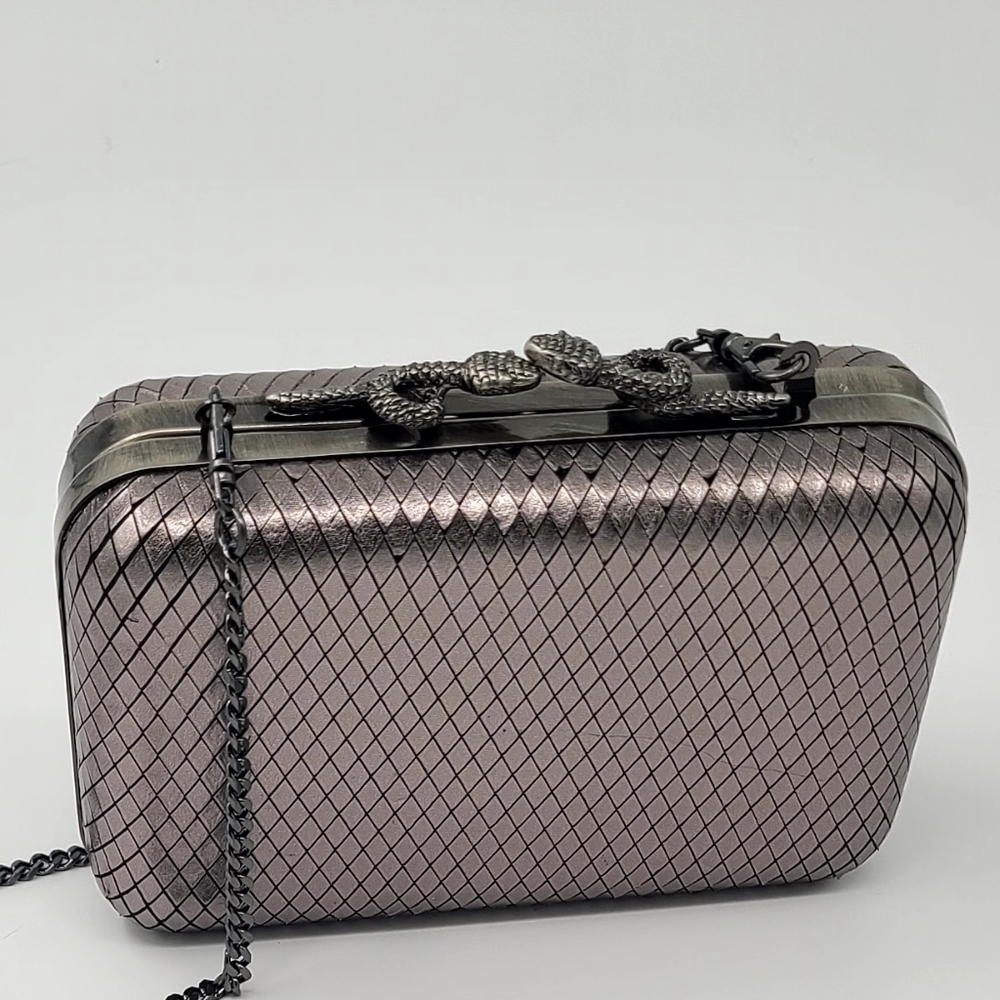 House Of Harlow 1960 Marley Box Leather Clutch Snake Closure Kiss Lock